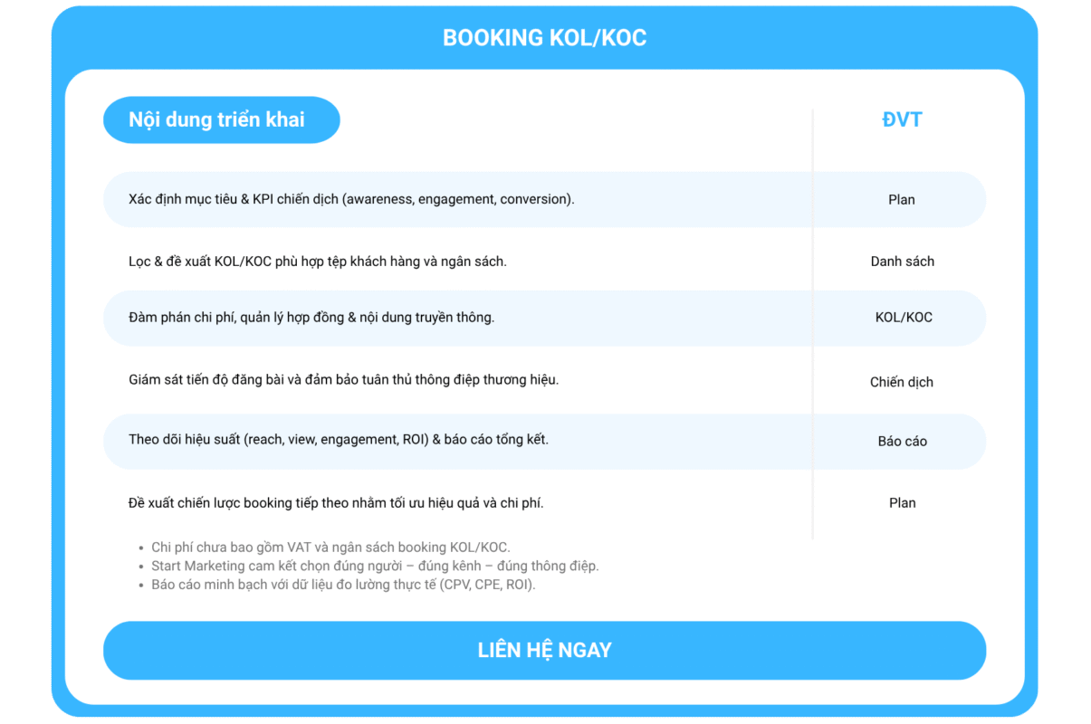 dịch vụ - start marketing -Booking KOLKOC - chi tiết gói